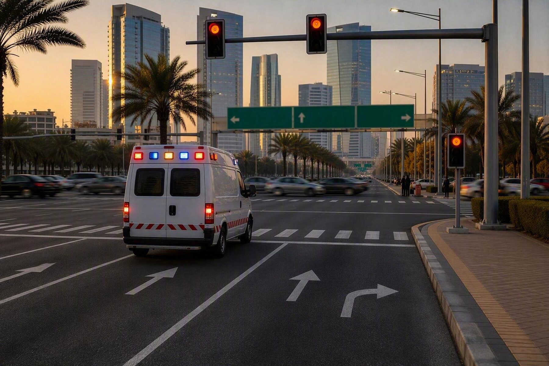An ambulance with its lights on, held at a red signal while cross traffic moves